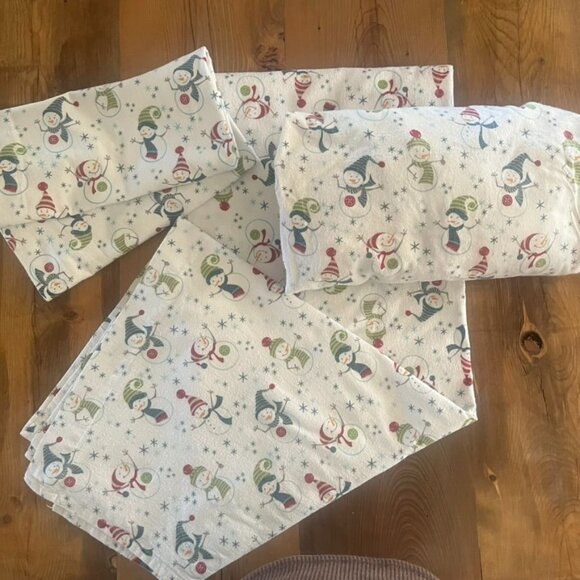 Vintage Sunbeam Twin Flannel Sheet Set 100% Cotton Snowmen Christmas Winter - Picture 2 of 4